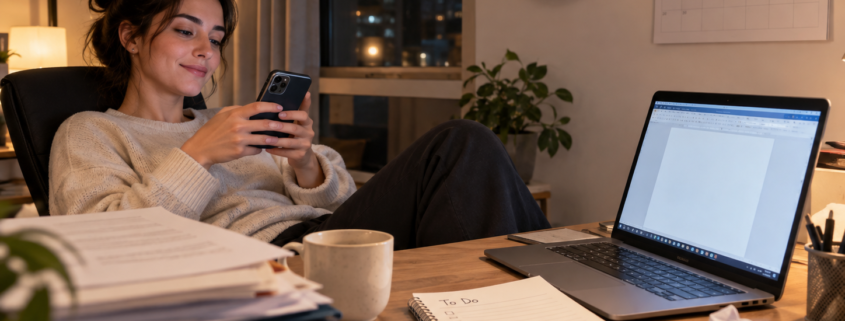 Yapması gereken iş yerine telefonuyla ilgilenen, son teslim tarihi yaklaşırken erteleme davranışı gösteren yetişkin.