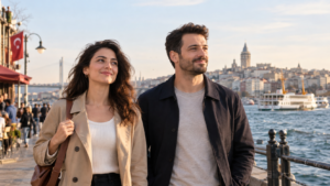 İstanbul sahilinde kendinden emin şekilde yürüyen kadın ve erkek; özgüven ve kendine güven teması.