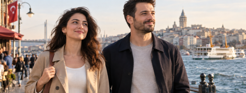 İstanbul sahilinde kendinden emin şekilde yürüyen kadın ve erkek; özgüven ve kendine güven teması.