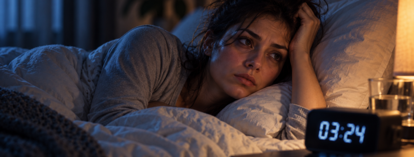 Gece saatlerinde uyuyamayan, yorgun ve kaygılı görünen yetişkin kadın.