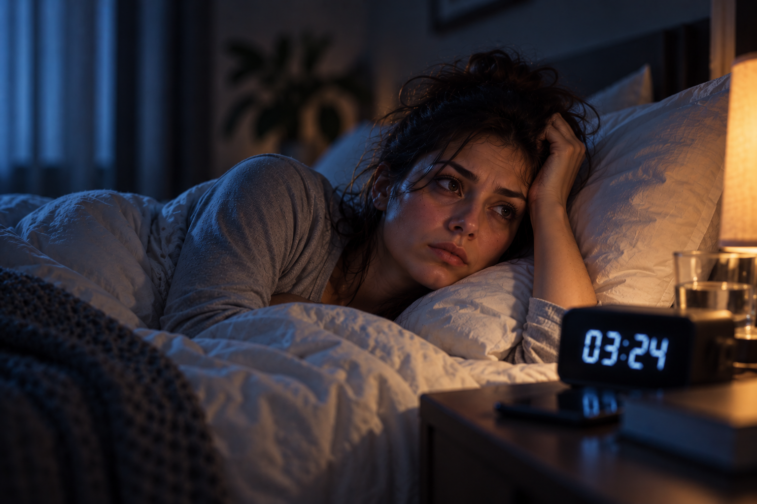 Gece saatlerinde uyuyamayan, yorgun ve kaygılı görünen yetişkin kadın.